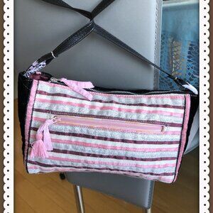 Women's Crossbody Bag Black Velour/Silver/Pink Stripes Ribbon Silver Silk Thread